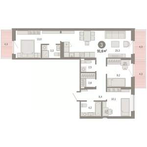 3-к квартира, вторичка, 92м2, 3/9 этаж