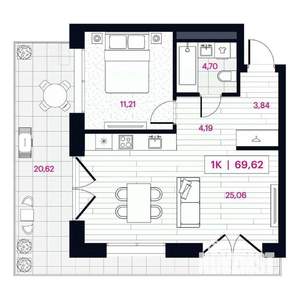 1-к квартира, строящийся дом, 70м2, 2/16 этаж