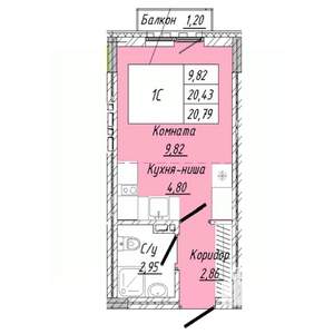 1-к квартира, строящийся дом, 21м2, 4/8 этаж