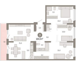 3-к квартира, вторичка, 103м2, 8/9 этаж