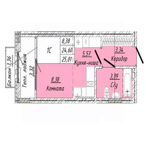 1-к квартира, строящийся дом, 25м2, 8/8 этаж
