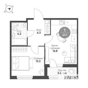 1-к квартира, строящийся дом, 41м2, 4/12 этаж
