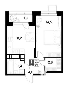 1-к квартира, строящийся дом, 37м2, 6/21 этаж