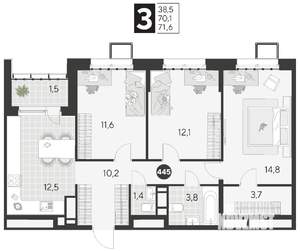 3-к квартира, строящийся дом, 72м2, 2/21 этаж