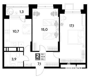 2-к квартира, строящийся дом, 55м2, 7/21 этаж