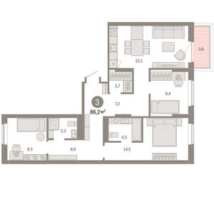 3-к квартира, вторичка, 86м2, 3/9 этаж