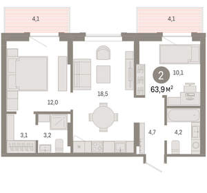 2-к квартира, вторичка, 64м2, 9/9 этаж