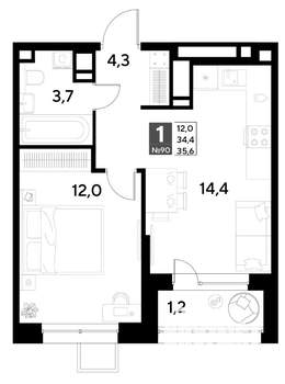 1-к квартира, строящийся дом, 36м2, 8/21 этаж