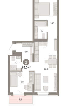 2-к квартира, вторичка, 66м2, 2/9 этаж