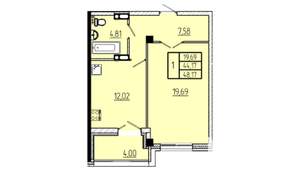 1-к квартира, строящийся дом, 48м2, 4/16 этаж