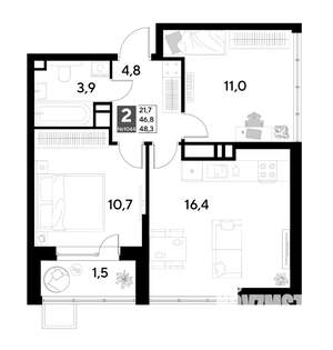 2-к квартира, строящийся дом, 48м2, 19/21 этаж