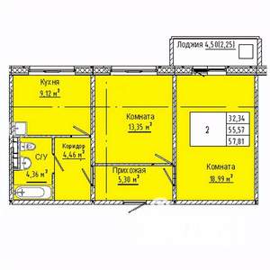 2-к квартира, вторичка, 58м2, 3/10 этаж