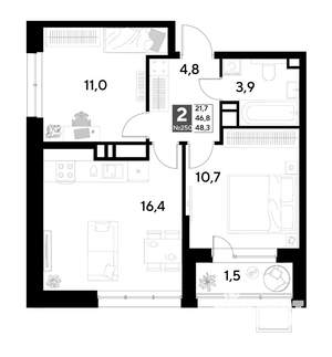 2-к квартира, строящийся дом, 48м2, 21/21 этаж