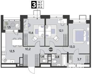 3-к квартира, строящийся дом, 70м2, 18/21 этаж