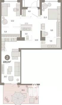 2-к квартира, вторичка, 109м2, 1/9 этаж