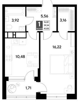 1-к квартира, строящийся дом, 41м2, 8/21 этаж