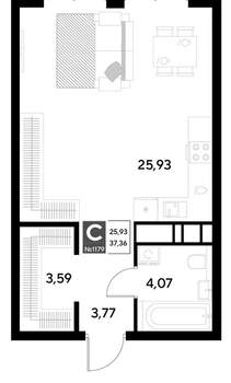 Студия квартира, строящийся дом, 37м2, 11/21 этаж