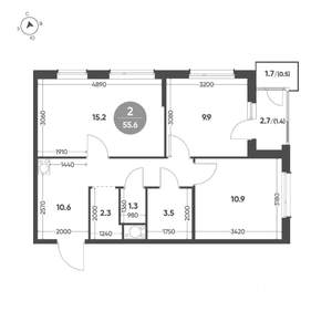 2-к квартира, вторичка, 56м2, 5/6 этаж