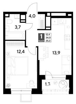 1-к квартира, строящийся дом, 35м2, 19/21 этаж