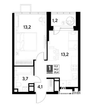 1-к квартира, строящийся дом, 35м2, 19/21 этаж