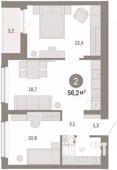 2-к квартира, вторичка, 56м2, 3/8 этаж