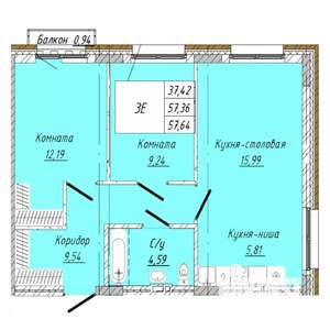 2-к квартира, строящийся дом, 58м2, 4/8 этаж