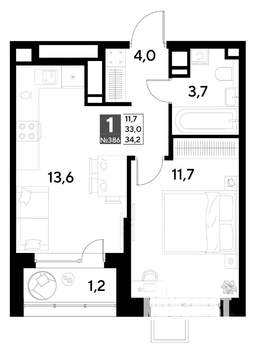 1-к квартира, строящийся дом, 34м2, 15/21 этаж