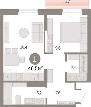 1-к квартира, вторичка, 46м2, 8/9 этаж