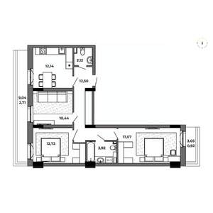 3-к квартира, строящийся дом, 75м2, 8/8 этаж