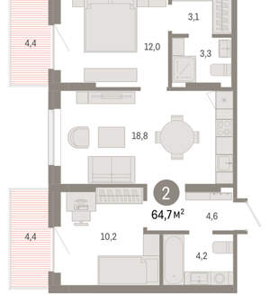 2-к квартира, вторичка, 65м2, 4/9 этаж