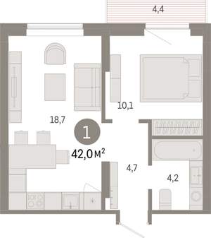 1-к квартира, вторичка, 42м2, 6/9 этаж