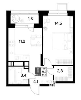 1-к квартира, строящийся дом, 37м2, 15/21 этаж