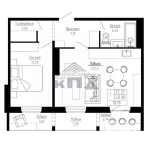 1-к квартира, строящийся дом, 54м2, 13/16 этаж
