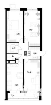 3-к квартира, строящийся дом, 85м2, 7/21 этаж
