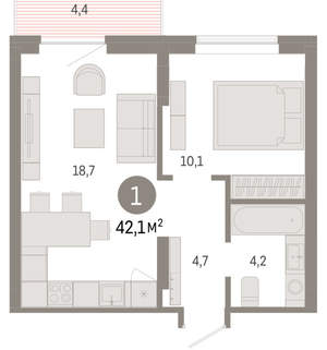 1-к квартира, вторичка, 42м2, 5/9 этаж