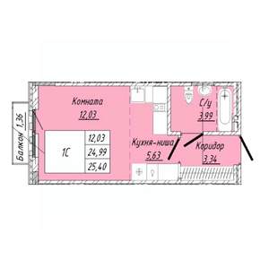 1-к квартира, строящийся дом, 25м2, 2/8 этаж