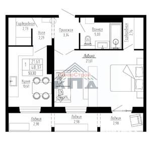 1-к квартира, строящийся дом, 53м2, 3/16 этаж