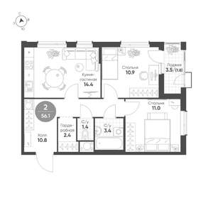2-к квартира, строящийся дом, 56м2, 5/15 этаж