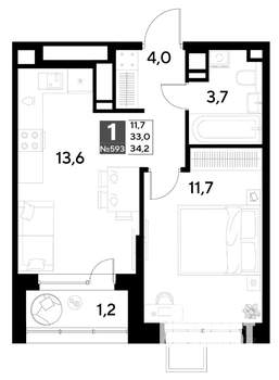 1-к квартира, строящийся дом, 34м2, 18/21 этаж