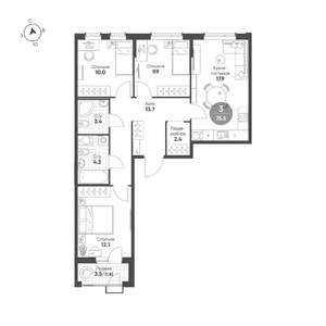 3-к квартира, строящийся дом, 76м2, 6/15 этаж