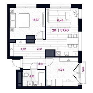 2-к квартира, строящийся дом, 58м2, 13/15 этаж