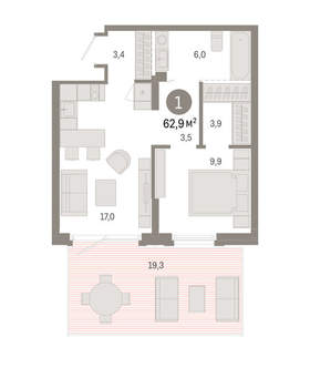 1-к квартира, вторичка, 63м2, 1/9 этаж
