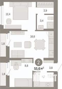 2-к квартира, вторичка, 56м2, 2/17 этаж