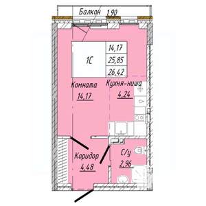 1-к квартира, строящийся дом, 26м2, 2/8 этаж