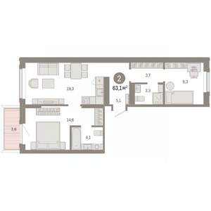 2-к квартира, вторичка, 63м2, 2/8 этаж