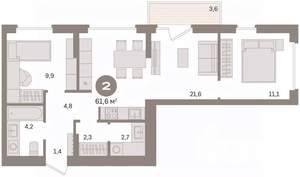 2-к квартира, вторичка, 62м2, 5/8 этаж