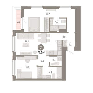 2-к квартира, вторичка, 72м2, 12/16 этаж