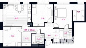 3-к квартира, строящийся дом, 89м2, 6/15 этаж