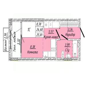 1-к квартира, строящийся дом, 25м2, 7/8 этаж