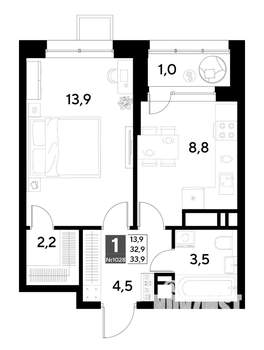 1-к квартира, строящийся дом, 34м2, 18/21 этаж
